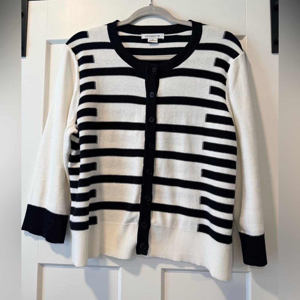 Liz Claiborne Black and White Striped Cardigan Ladies Size XL